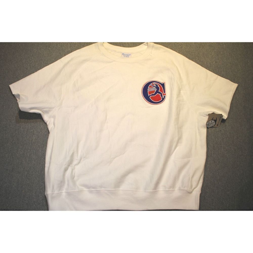 Vintage Champion Short Sleeve Crew Neck White Sweater - Blue/Red Stitched Logo -
